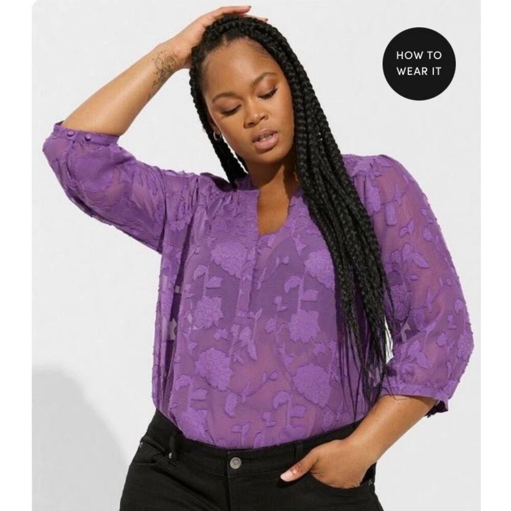 NEW Torrid Harper Clip Floral Chiffon Pullover 3/4 Sleeve Blouse Purple 2X Sheer